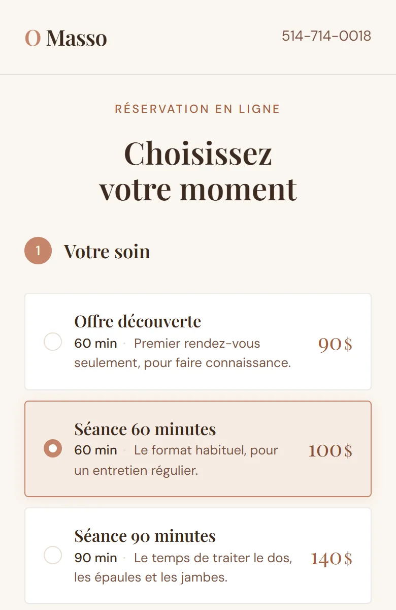 L'application de réservation O Masso : on choisit son soin, puis son moment.