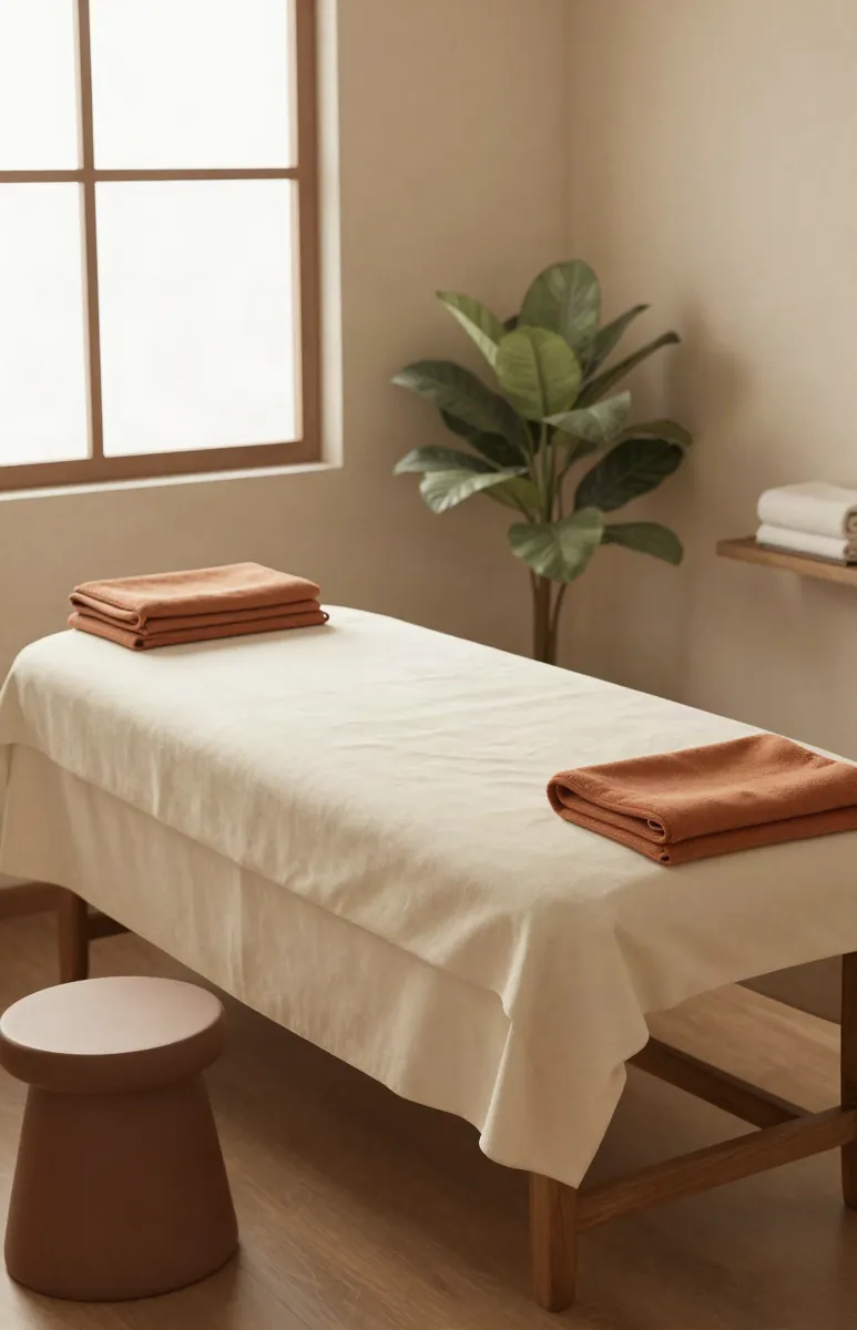 Une salle de massage calme, à la lumière de l'après-midi.