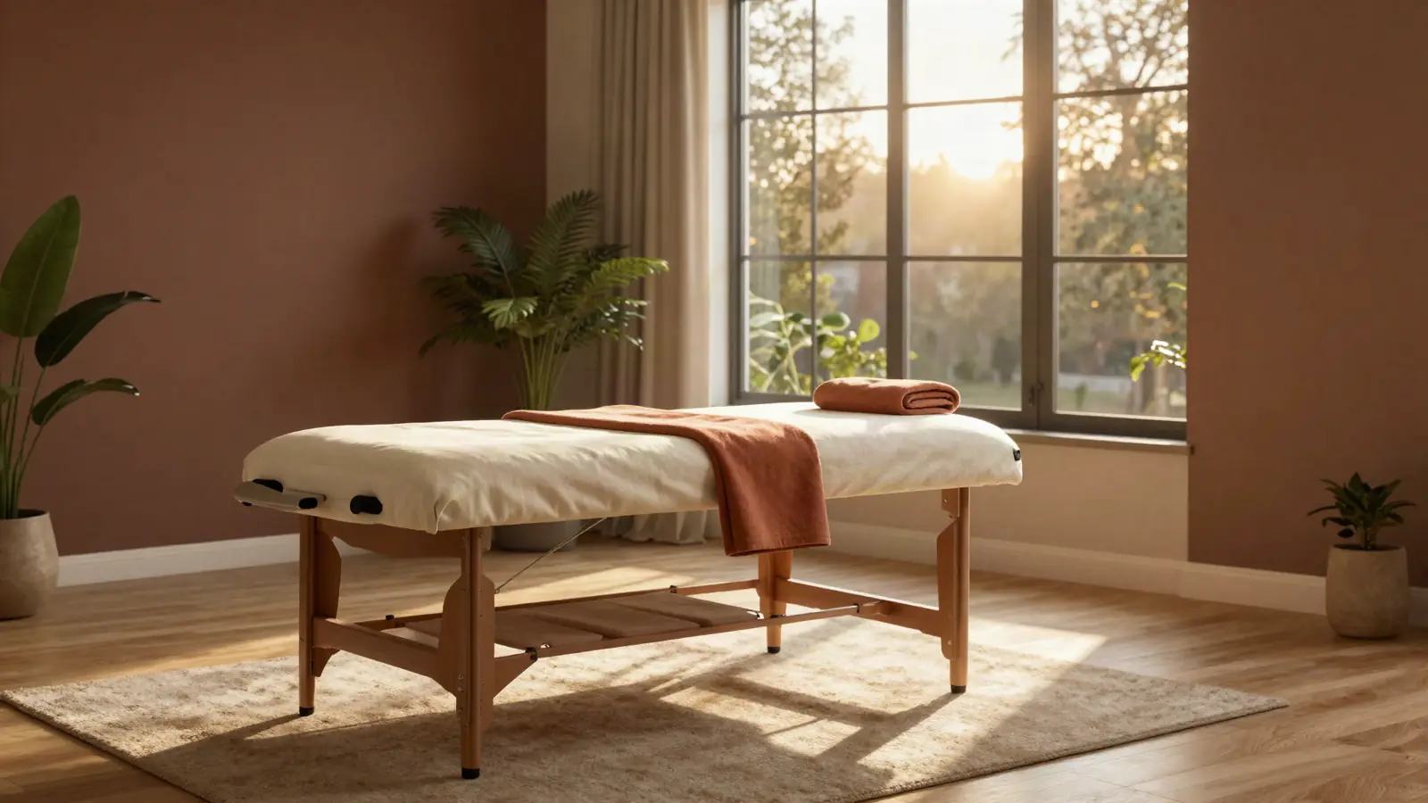 Un salon au coucher du soleil, la table de massage prête.