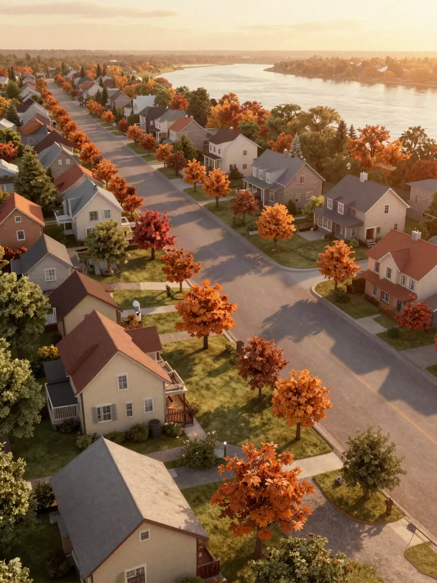 Une rue de banlieue de la Rive-Sud, vue du ciel au coucher du soleil.