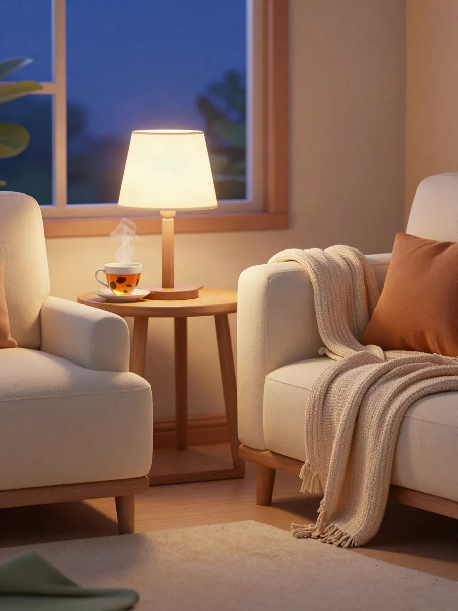 Un salon le soir, une lampe allumée et une tisane qui fume.